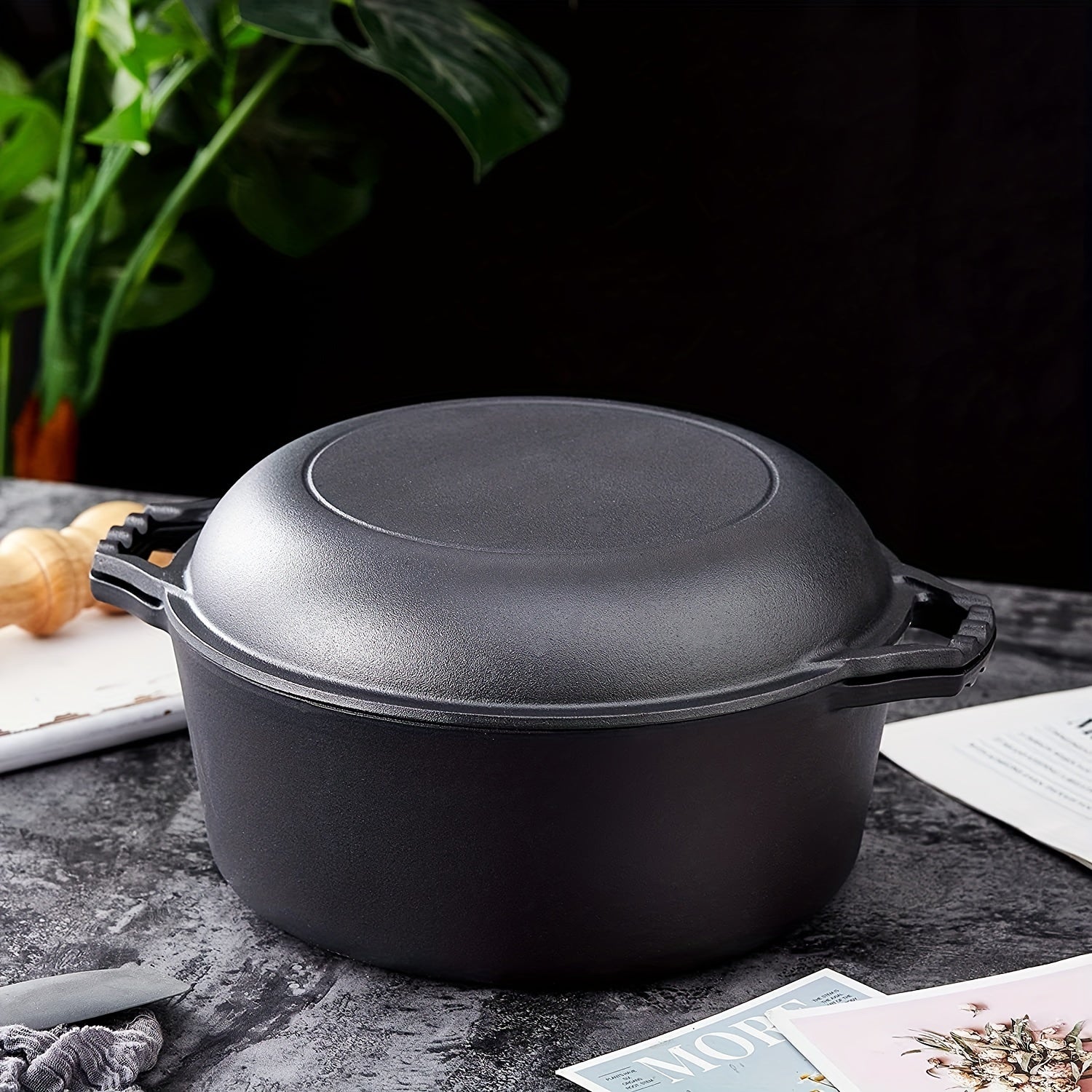 Cast Iron Dutch Oven and Frying Pan Set, 2-in-1 Cooking, Induction Compatible