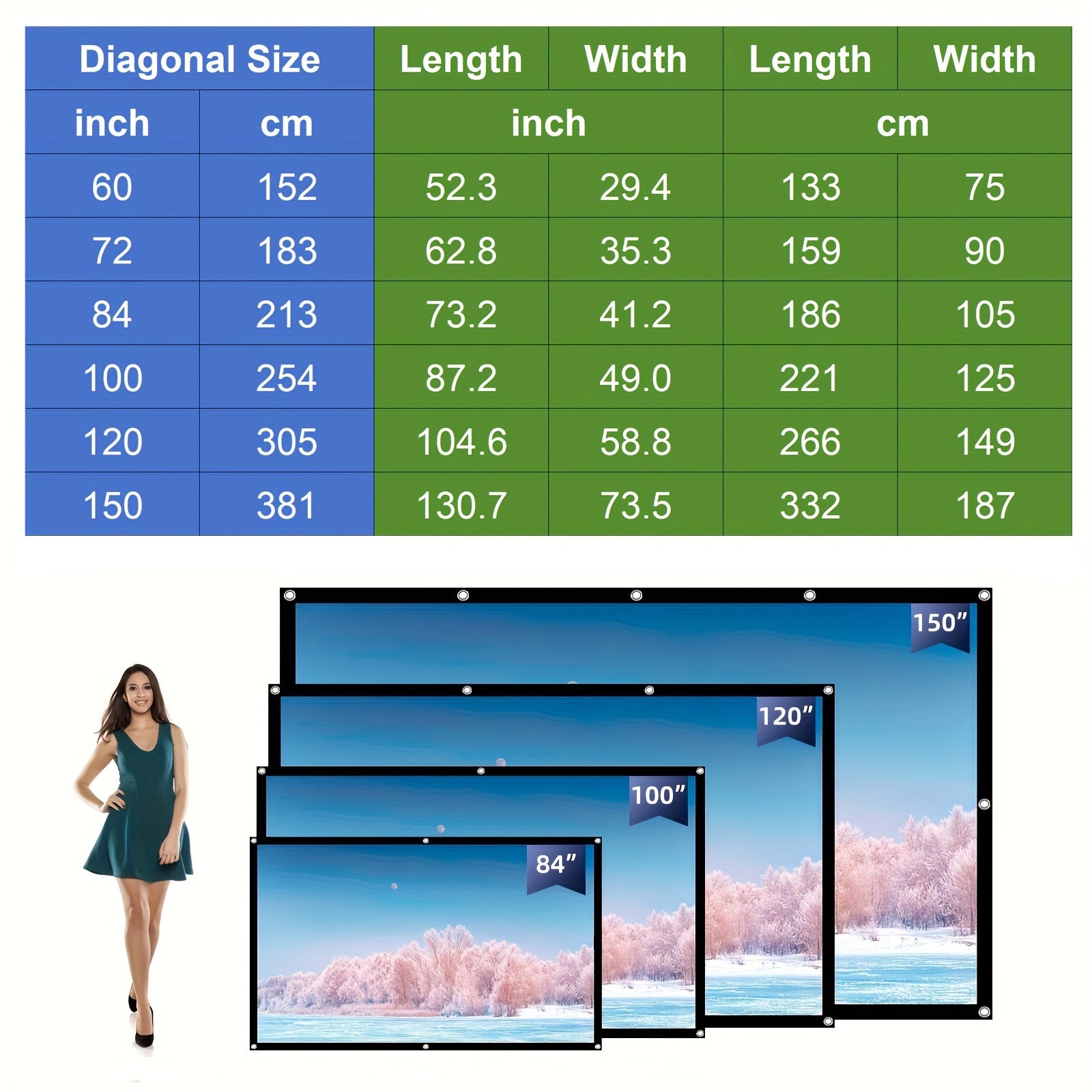 Portable 16:9 Polyester Projector Screen 60-150 Inch Indoor Outdoor Foldable Wrinkle-Resistant