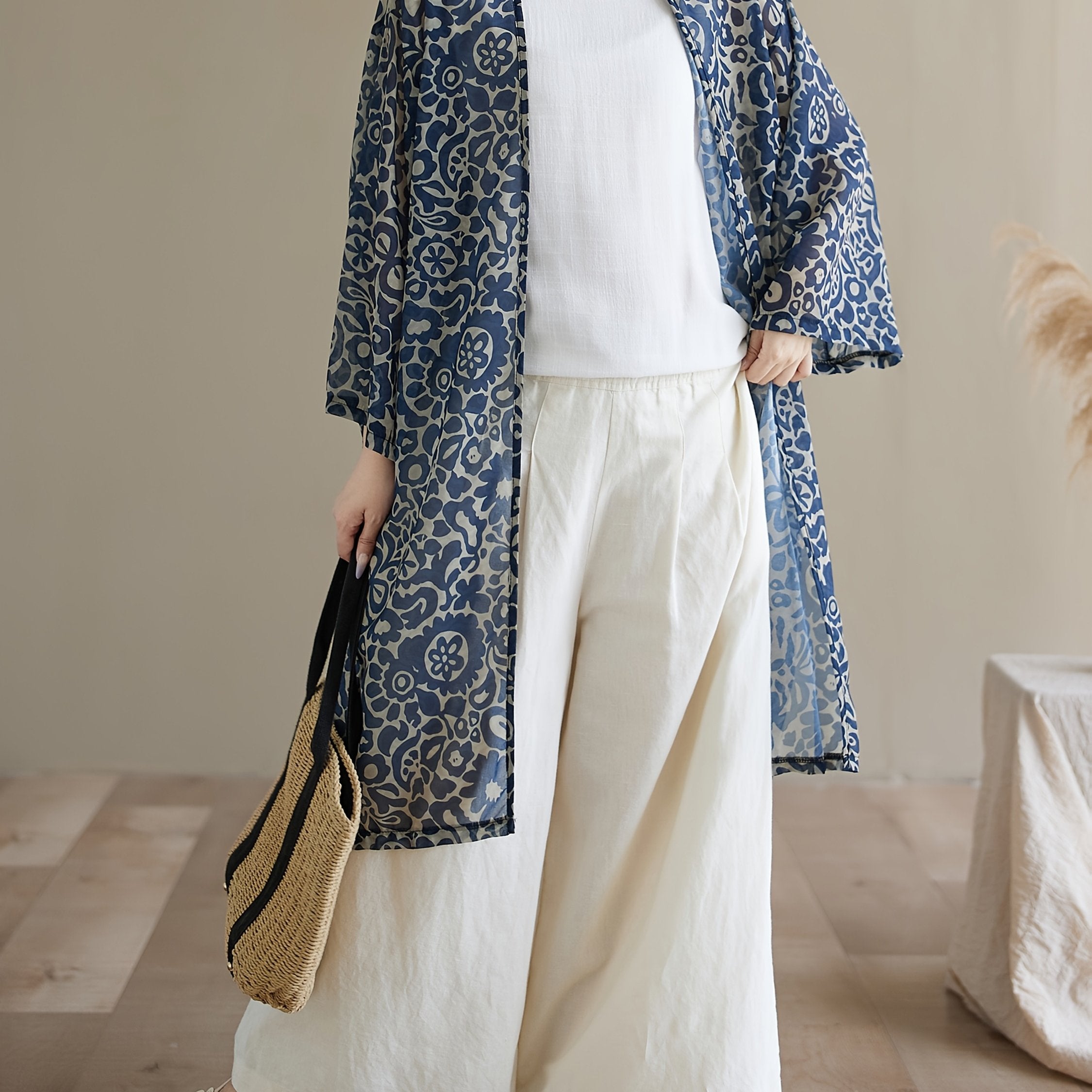 Women's Plus Size Light Beige Ethnic Print Long Sleeve Beach Cover-Up