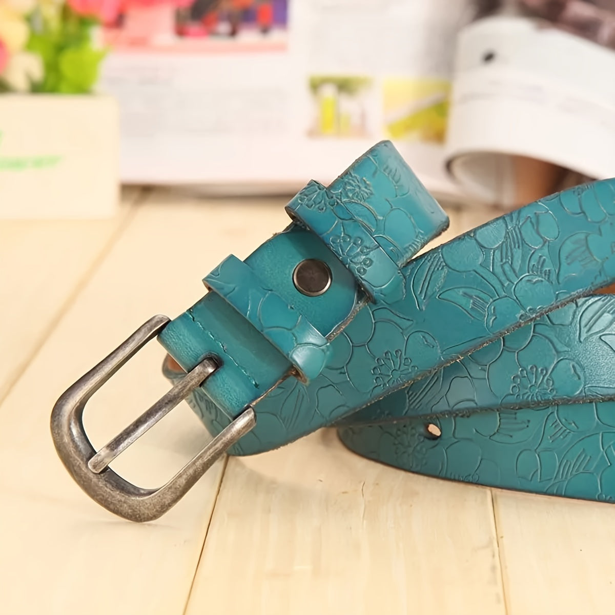 Women's Leather Flower Embossed Belt with Vintage Pin Buckle for Casual Jeans