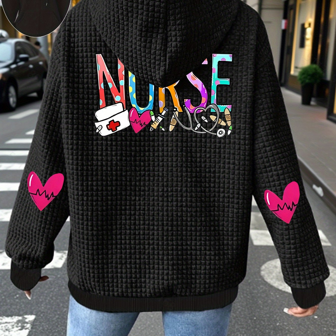 Chaqueta con capucha para mujer con estampado gráfico, casual, ropa de trabajo para enfermeras