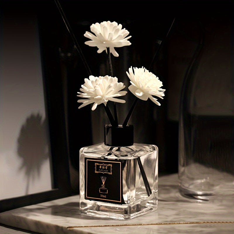 50ml aromatizlangan reed diffuzor to'plami, to'rtburchak shisha shisha bilan, rattan tayoqchalari va Sola gullari bilan, uy va hammom uchun