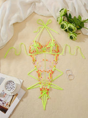 Women's Floral Embroidery Mesh Teddy with Cut Out Halter Backless Lingerie