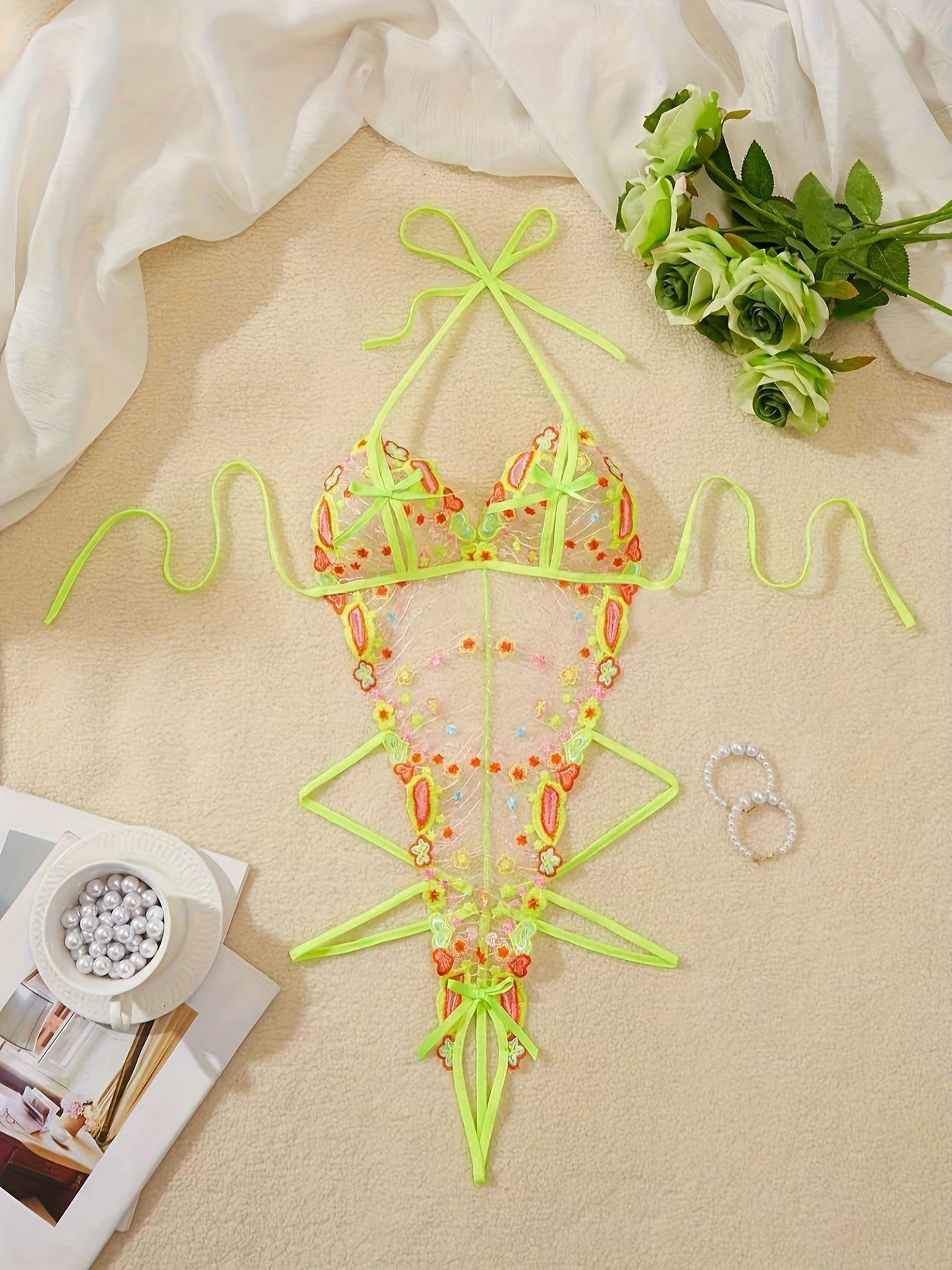 Women's Floral Embroidery Mesh Teddy with Cut Out Halter Backless Lingerie