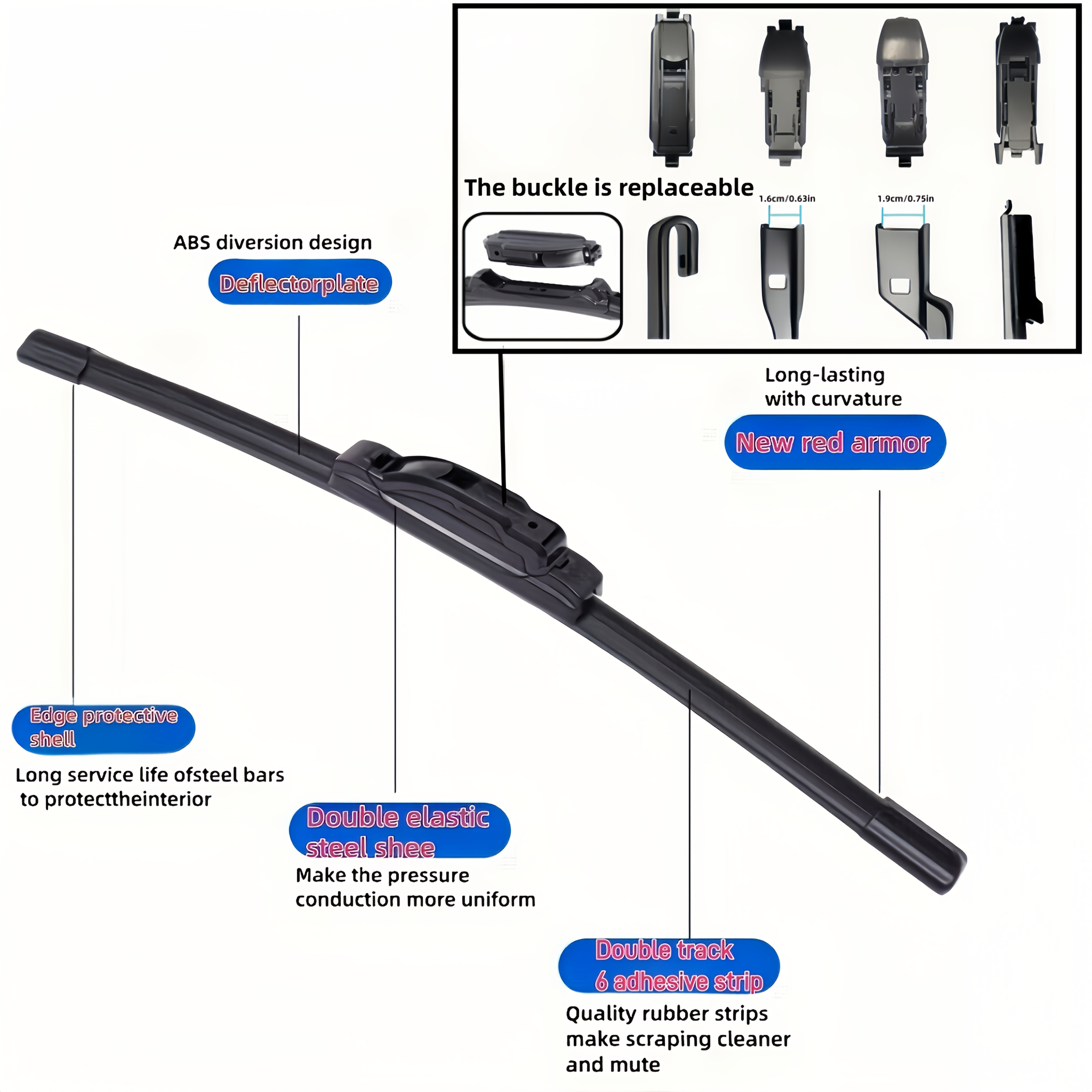Car Windshield Wiper Blade Set with 4 Adapters, Durable Rubber, 35.56–71.12cm