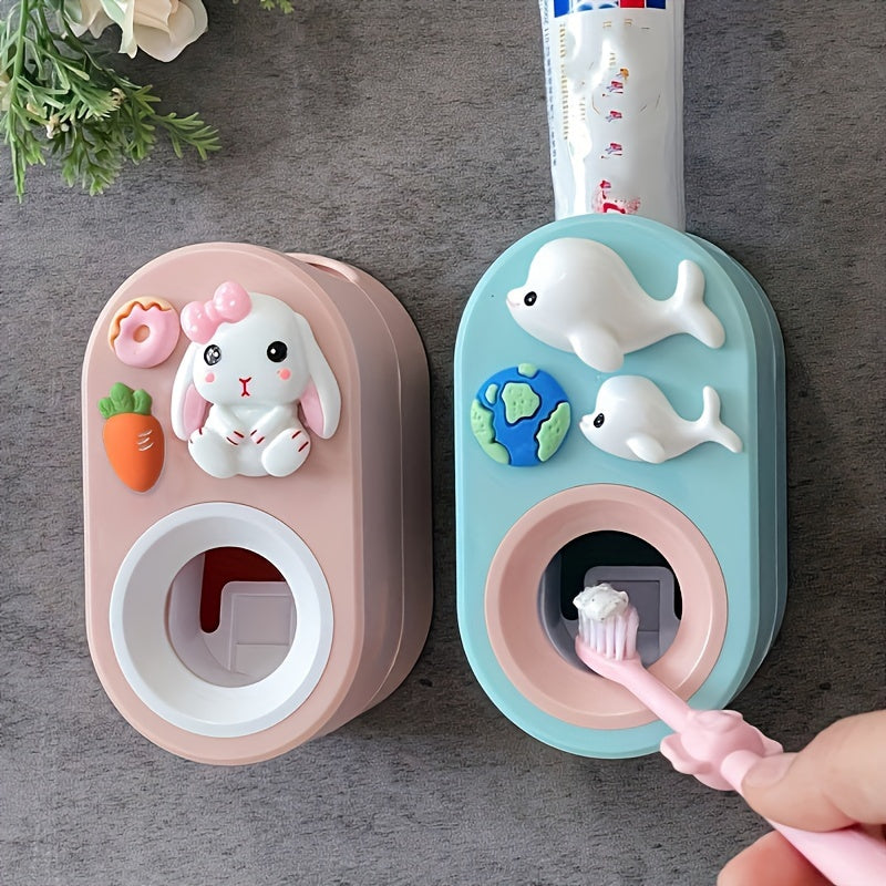 Cute Rabbit Toothpaste Dispenser Wall-Mounted No Electricity Needed Kids Bathroom Accessory