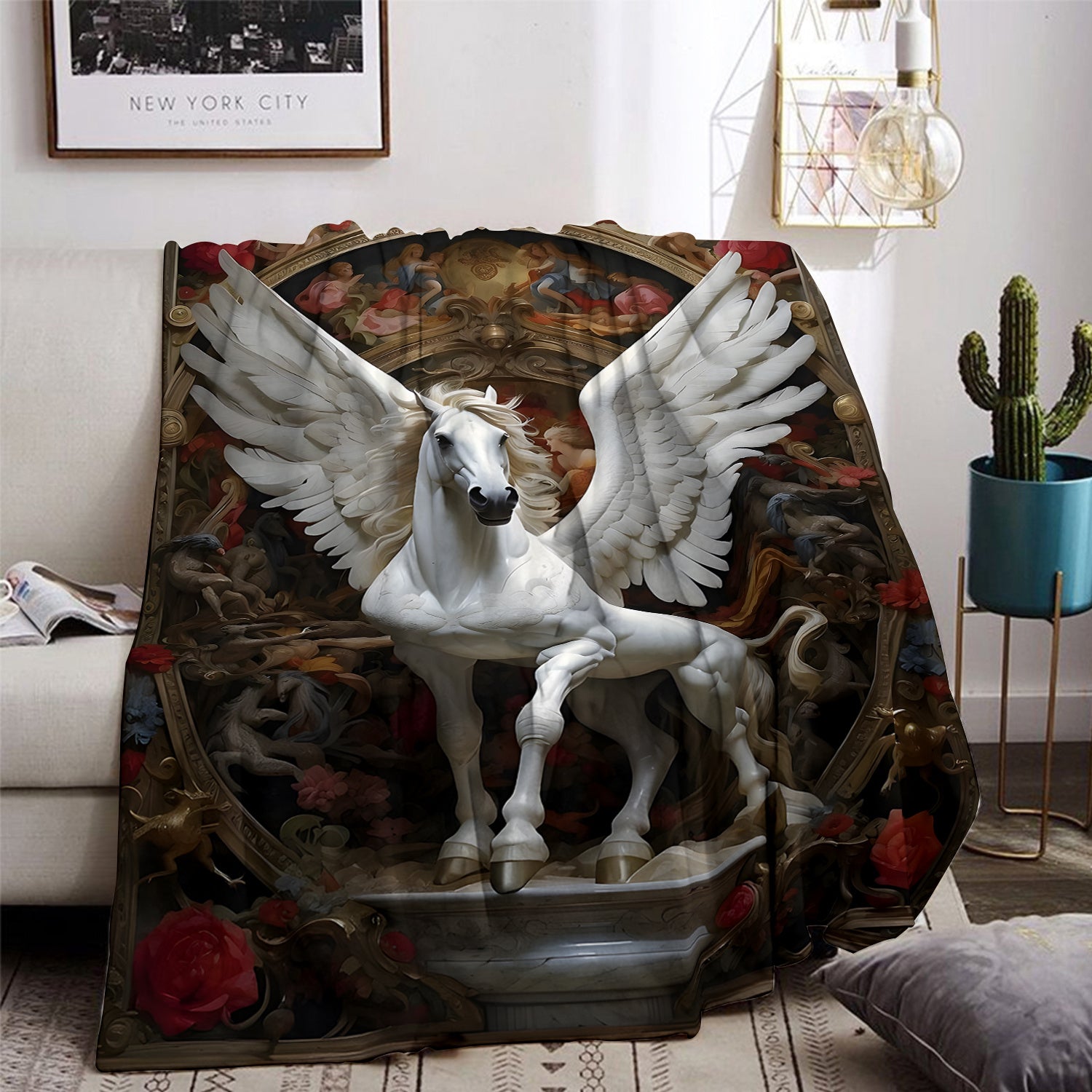 Soft Knitted Polyester Blanket with White Pegasus and Floral Angel Wings 70x100cm