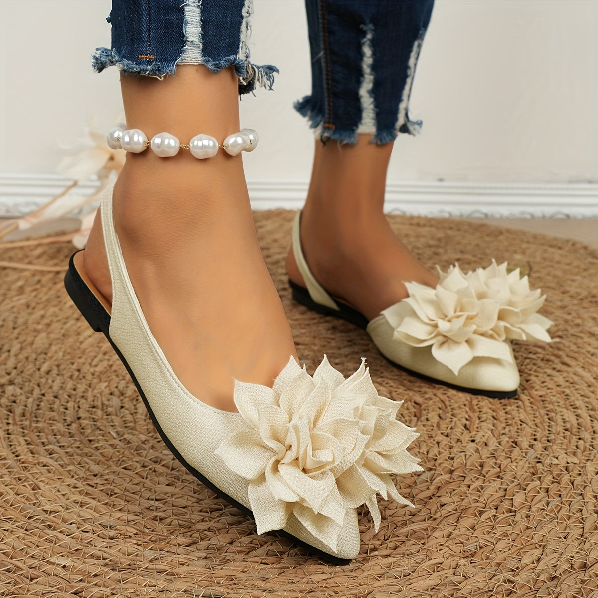 Women's Black Fabric Flat Sandals with Double Flower Embellishment