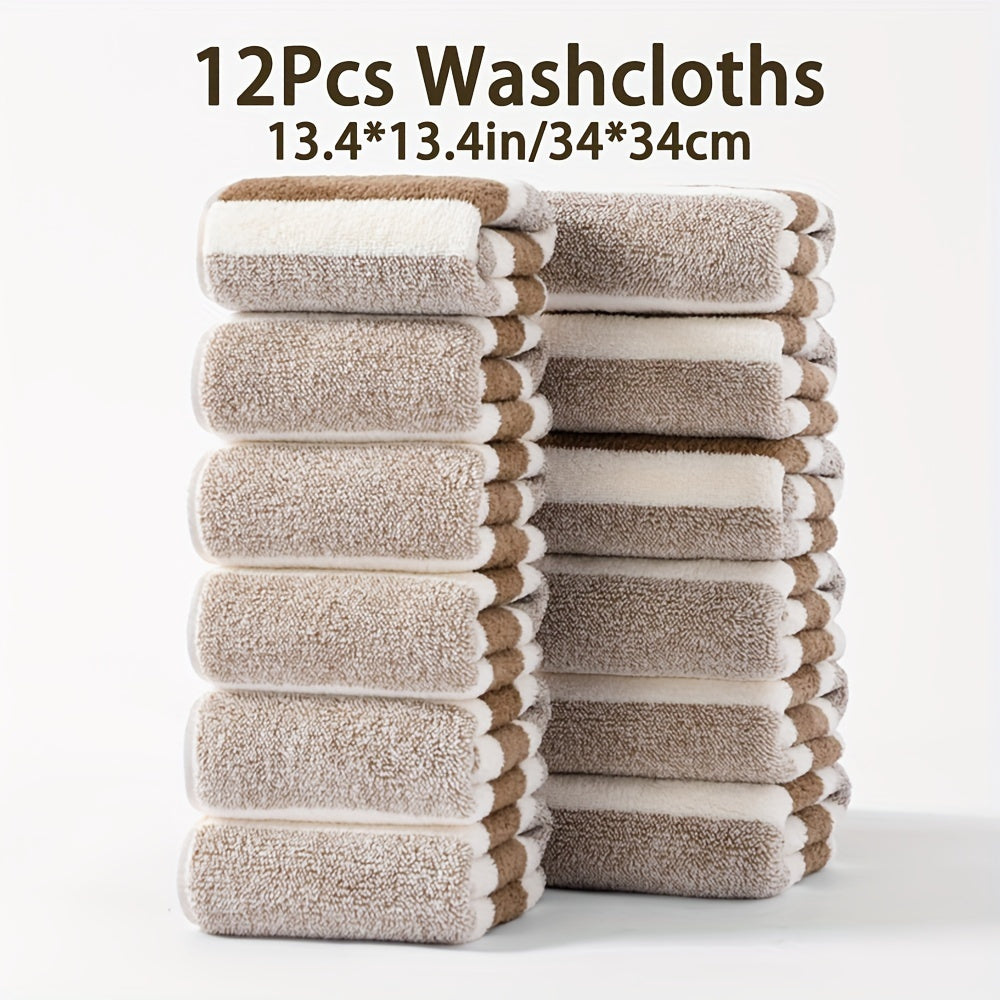 12-Piece Soft Absorbent Striped Coral Fleece Washcloths for Travel and Gym