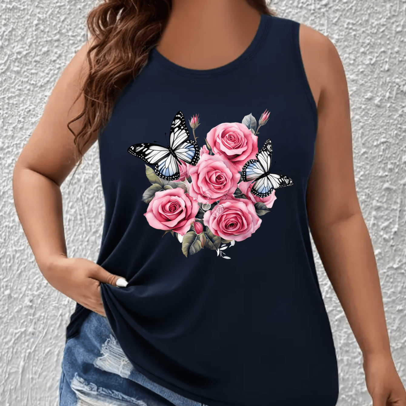 Top sin mangas de verano casual para mujer talla grande con estampado de mariposas y flores