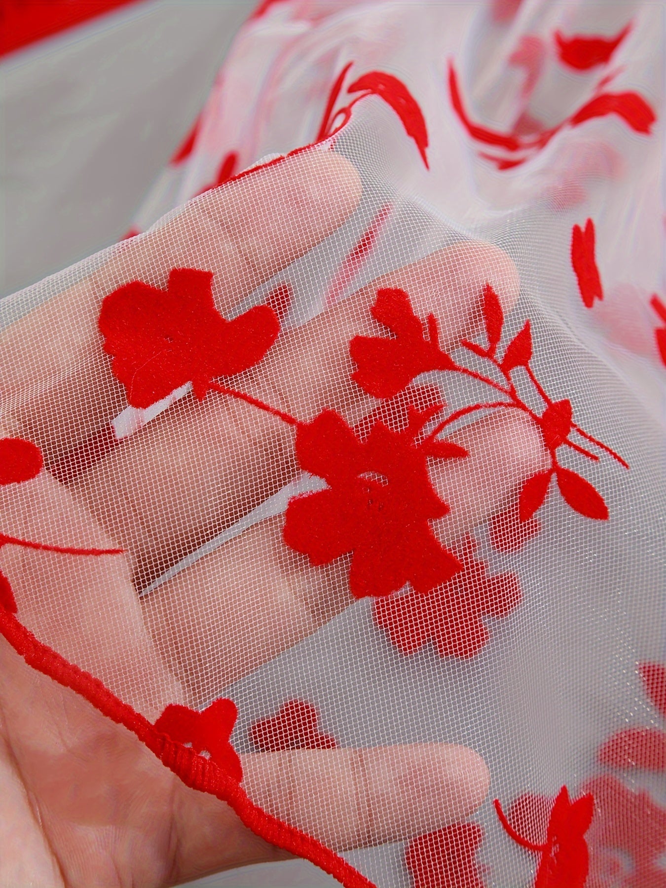 Black Floral Print Sheer Bodysuit with Thong Panties Lingerie