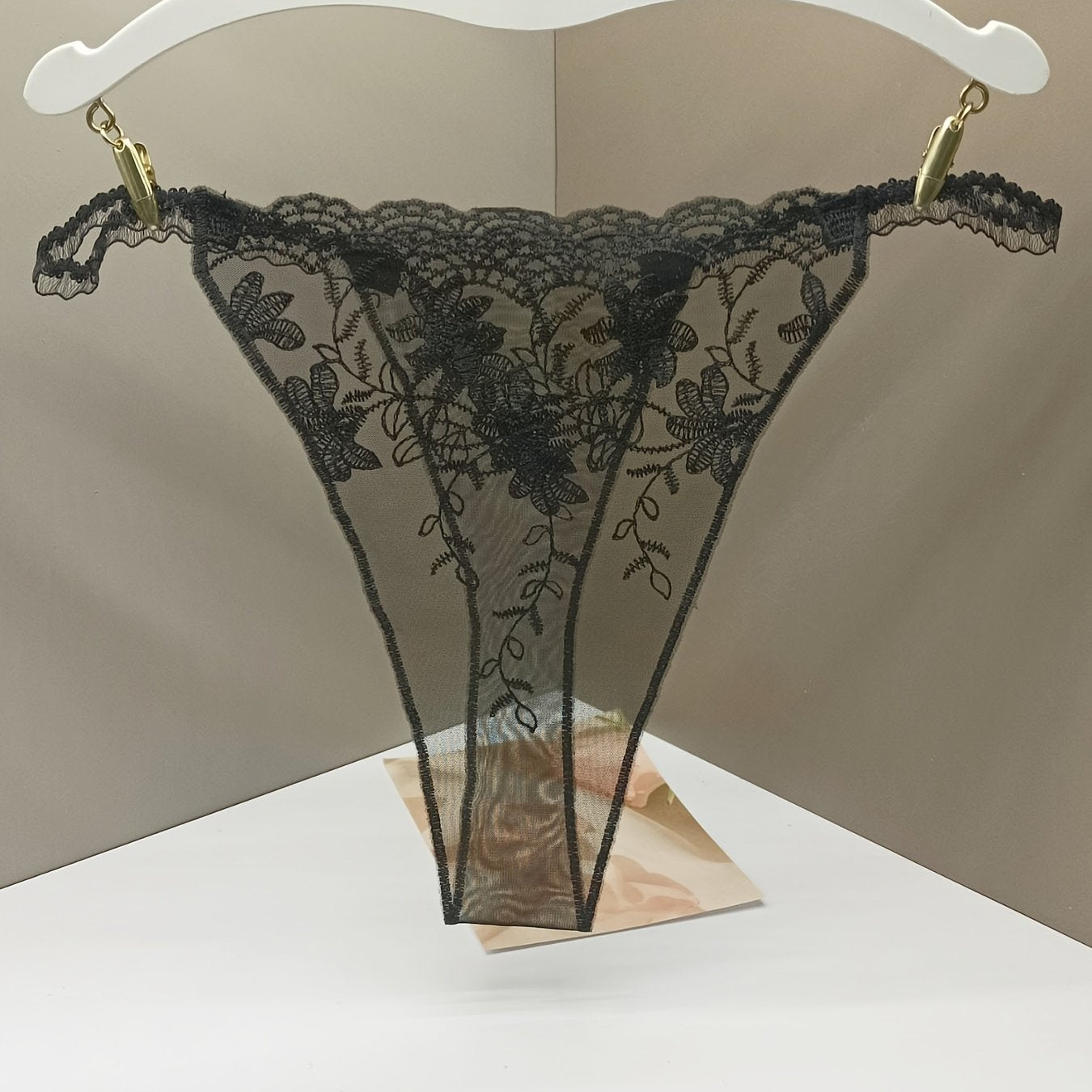 Pink Lace Thong with Floral Embroidery and Red Bow for Women