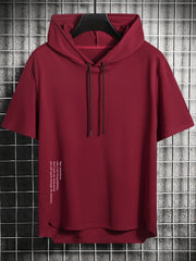 Men's Summer Casual Hooded T-Shirt with Asymmetrical Alphabet Print Short Sleeve Knit Fabric