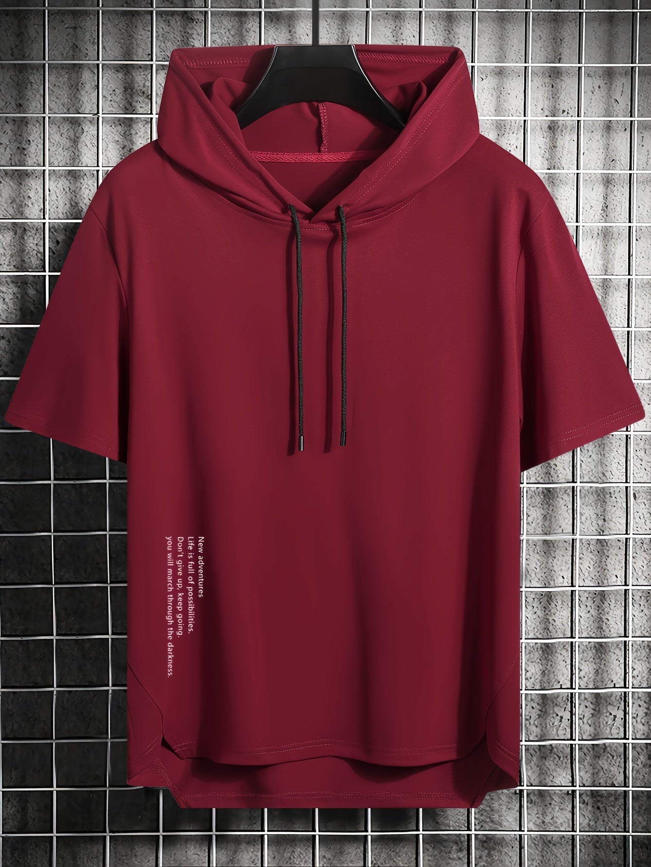 Men's Summer Casual Hooded T-Shirt with Asymmetrical Alphabet Print Short Sleeve Knit Fabric