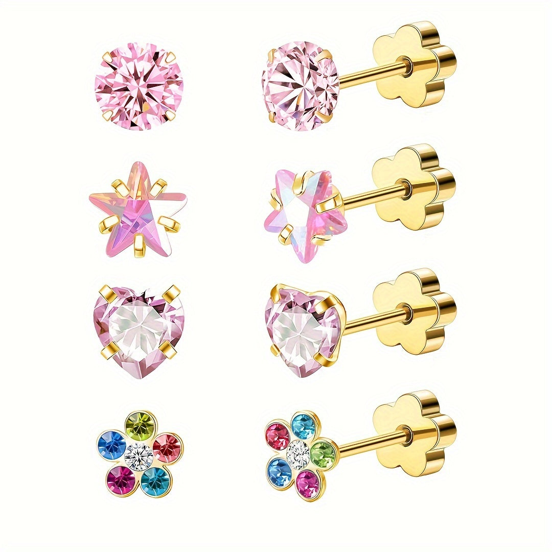 Hypoallergenic Flat Back Earrings for Women Men Girls Star Heart Protein Stone Silver Pink AB