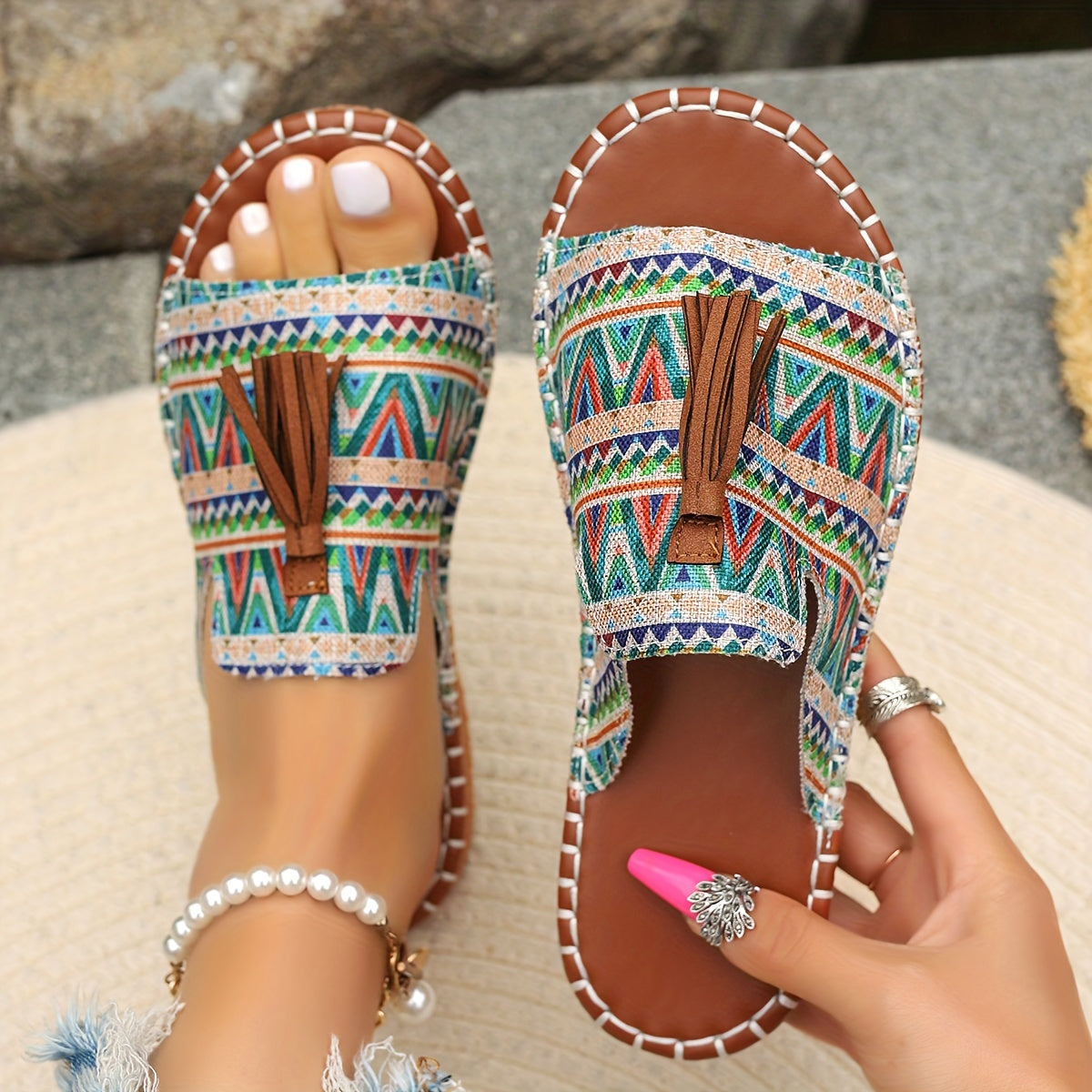 Bohemian Canvas Sandals for Women with Tassel and Ethnic Pattern Slip-On Open Toe Flat Summer Shoes