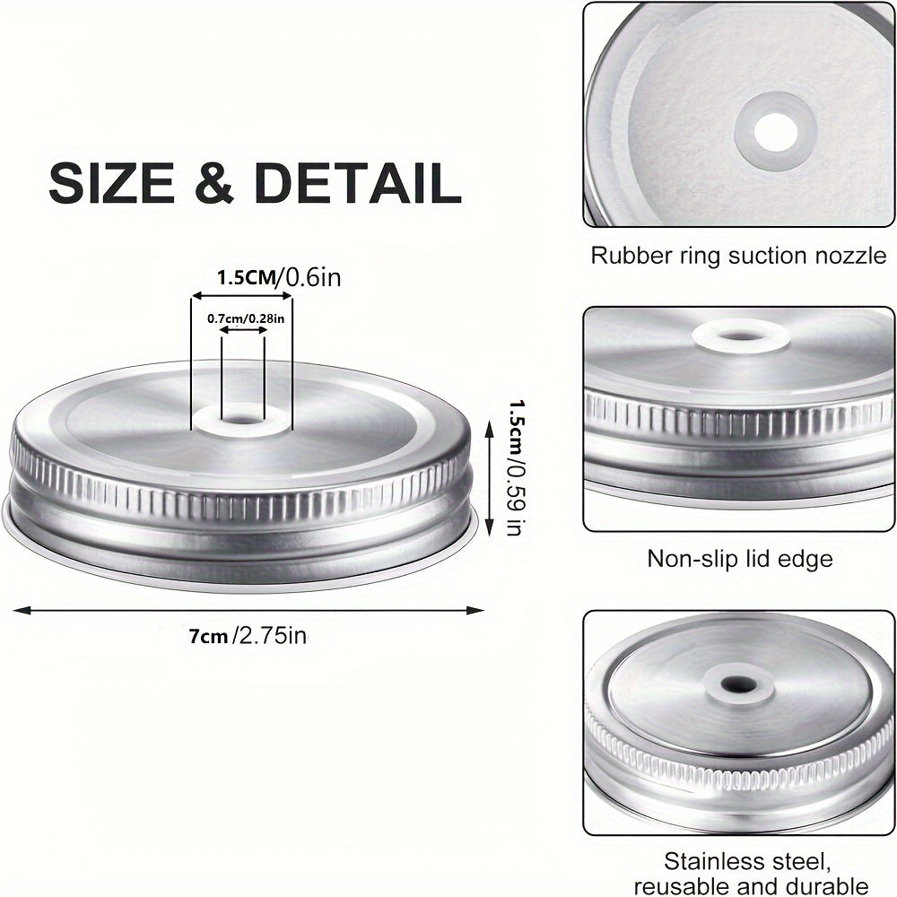 Упаковка из 8 крышек для стеклянных банок с обычным горлышком из нержавеющей стали с герметичным отверстием для соломинки, размером 6.86 см.