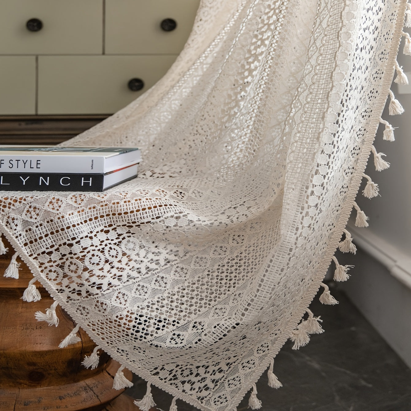 Beige Boho Curtains with Fringe and Gold Details UV Protection Rod Pocket for Living Room Kitchen