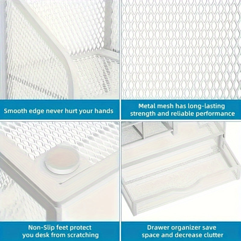 Iron Mesh Desk Organizer with Drawer Office Supplies Storage Non-Slip Durable Metal