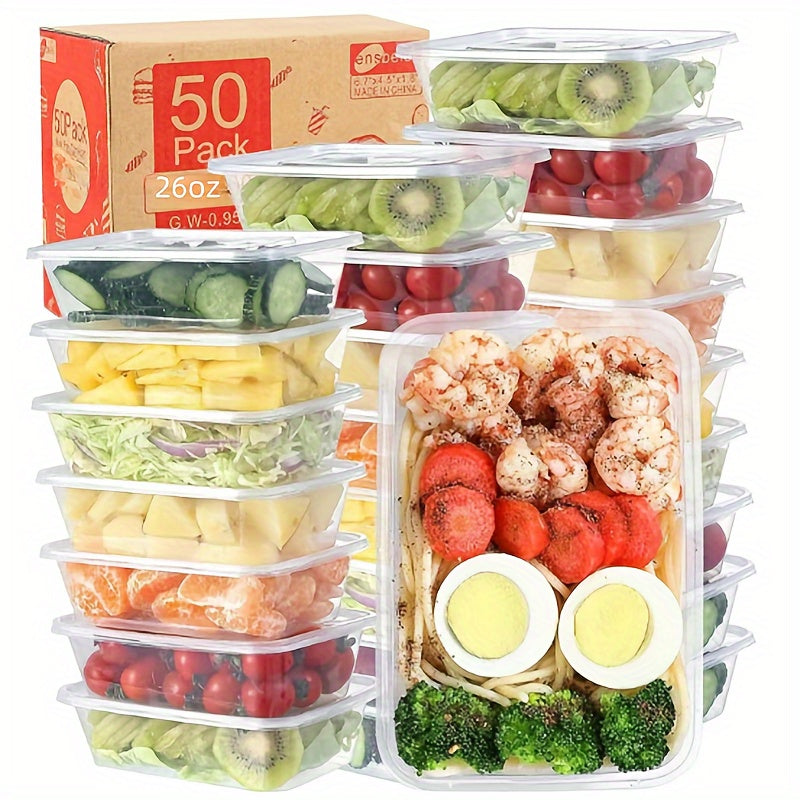 50 Sets Clear Plastic Food Storage Containers with Lids for Takeout and Microwave