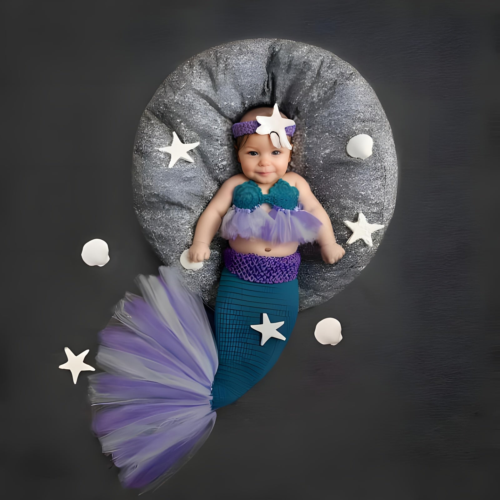 Crochet Mermaid Tail Baby Photography Prop Set for Infants and Toddlers with Adjustable Headband and Starfish Clip