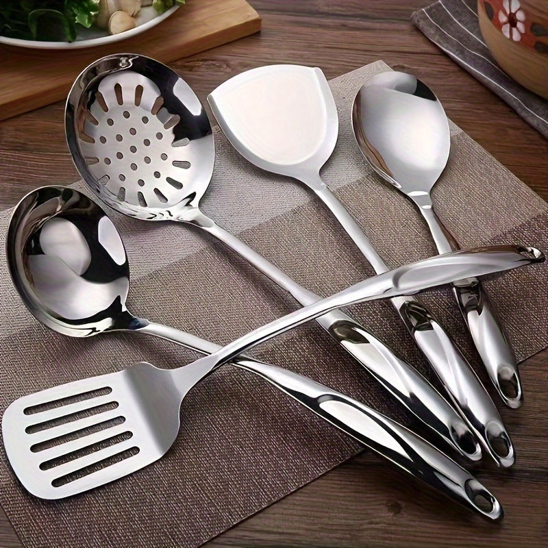 Six-Piece Stainless Steel Kitchen Utensil Set with Hollow Handles and Mirror Finish