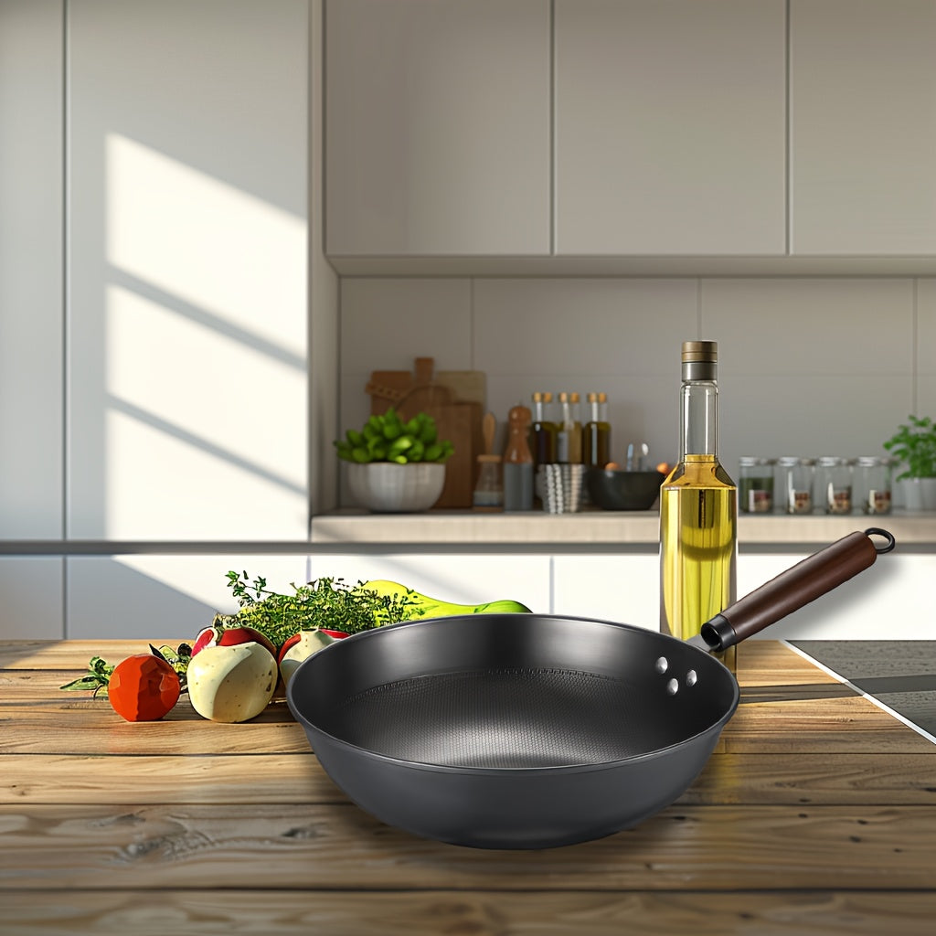 Cast Iron Wok with Wooden Handle for Stir Fry Deep Frying Uncoated Non-Stick
