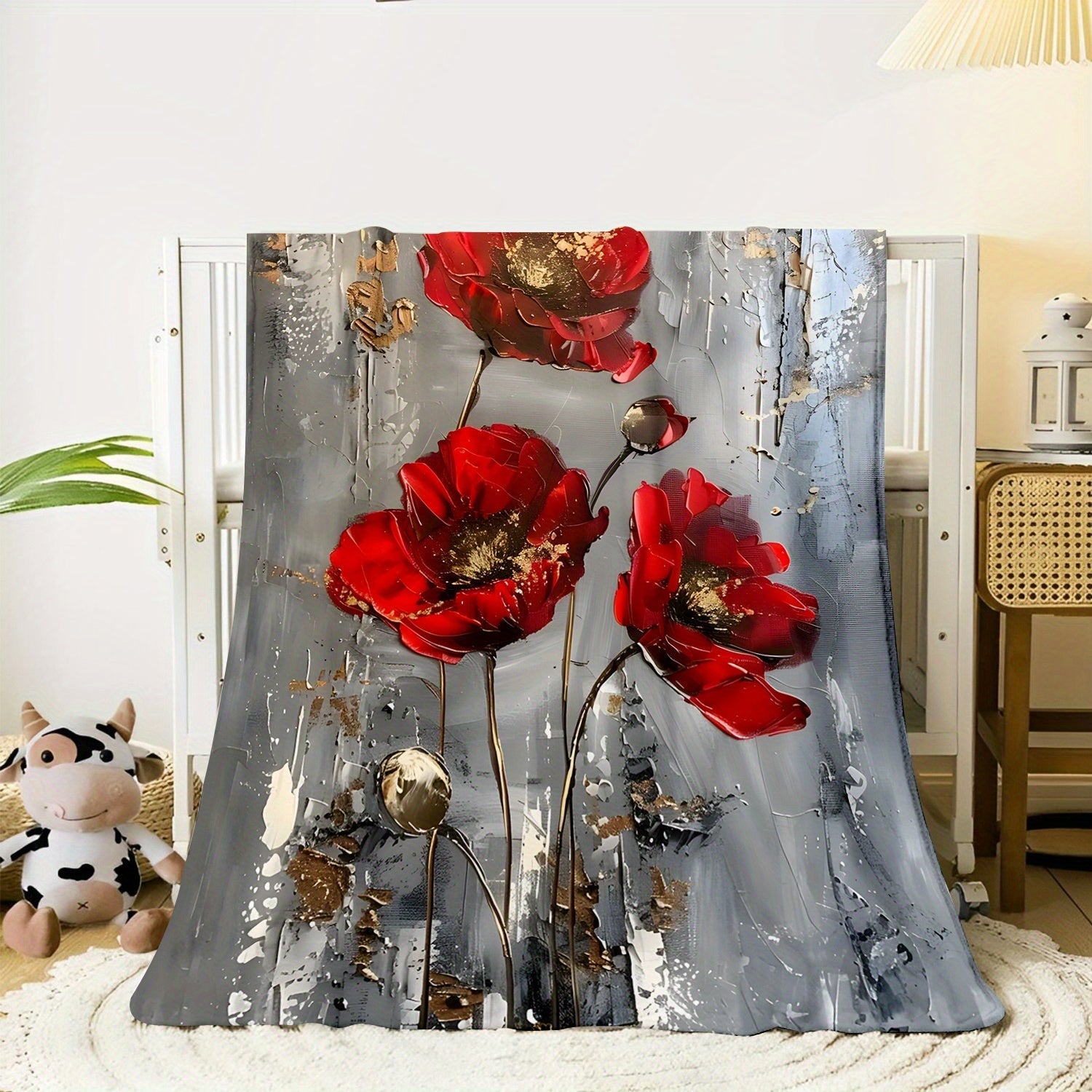 Contemporary Red Poppy Pattern Throw Blanket for Sofa Bed Travel Durable Polyester