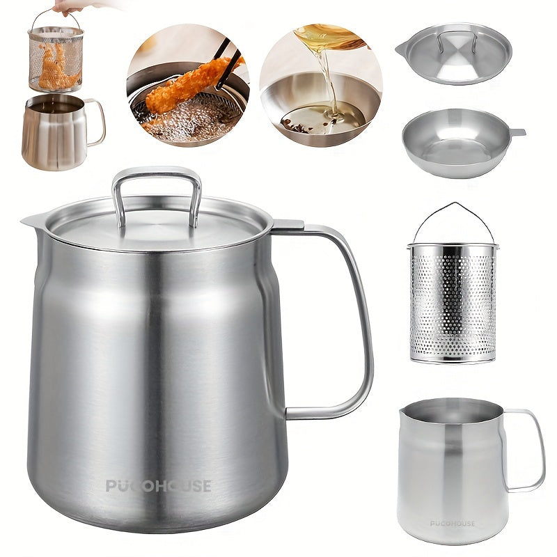 Stainless Steel Oil Filter Pot with Frying Basket and Strainer for Kitchen