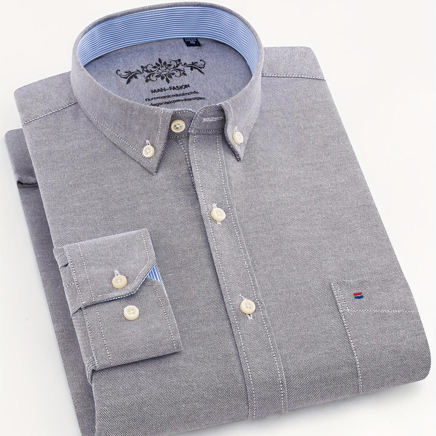 Мужская рубашка из хлопка и полиэстера однотонного цвета с длинными рукавами и карманом