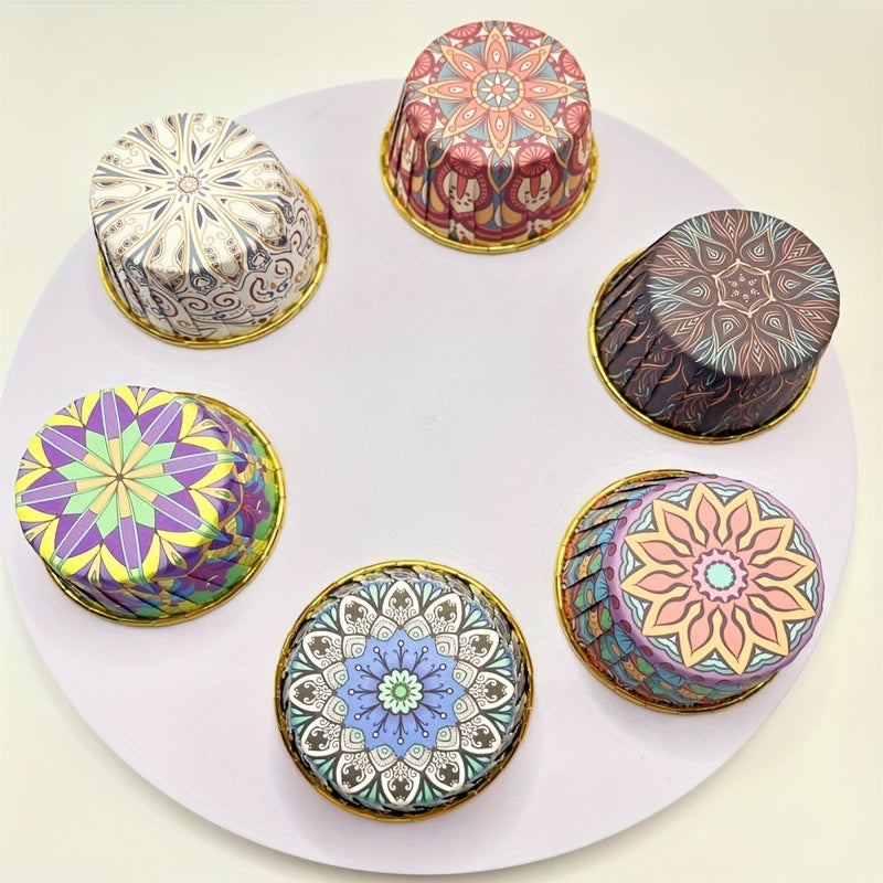 Pack of 50 Large Bohemian Style Gold Paper Cupcake Liners for Muffins and Desserts