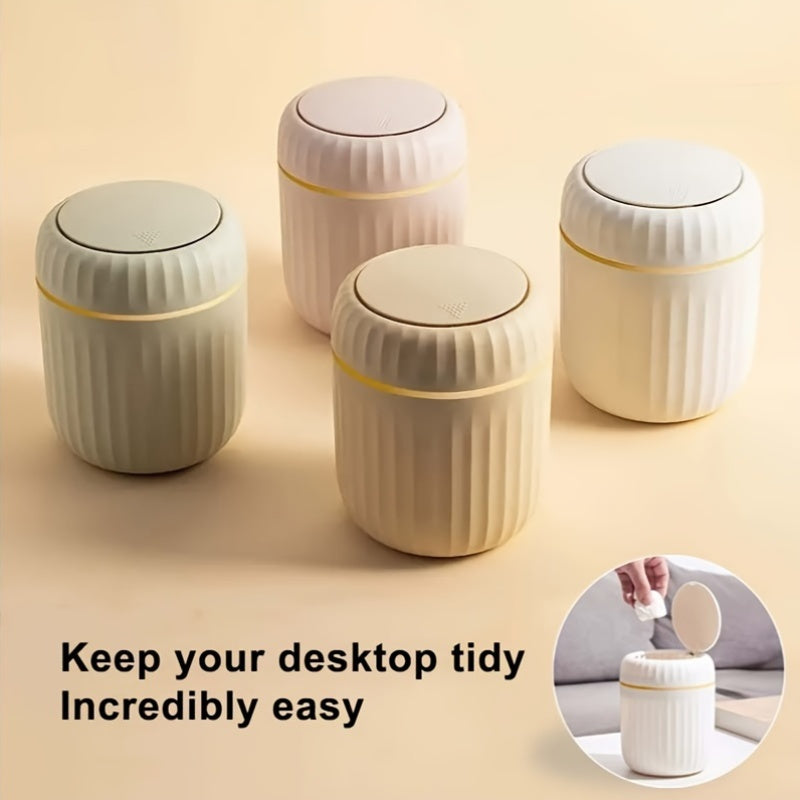 Cubo de basura de escritorio de tipo prensa con tapa, plástico duradero, uso en oficina y en el hogar