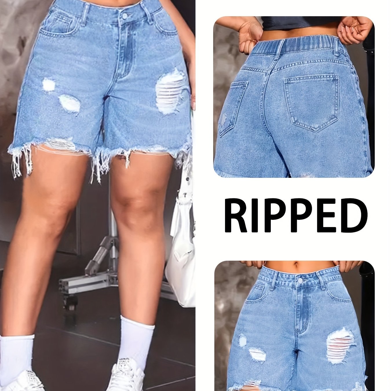 Women's Plus Size Distressed Denim Shorts High-Waisted Light Blue Casual Summer