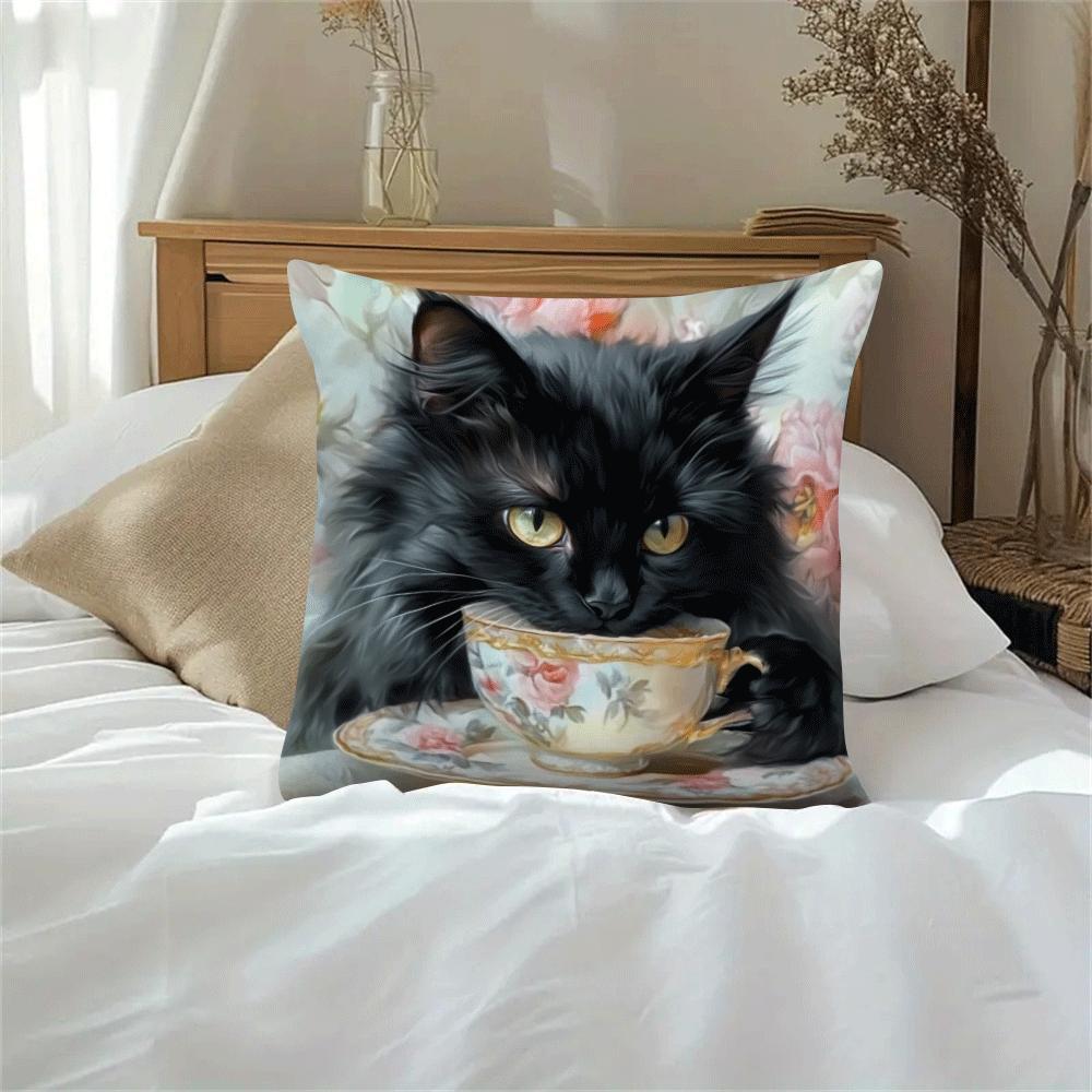 Retro Chic Cat Oil Painting Throw Pillow Cover 45cm Sofa Office Decor Zipper