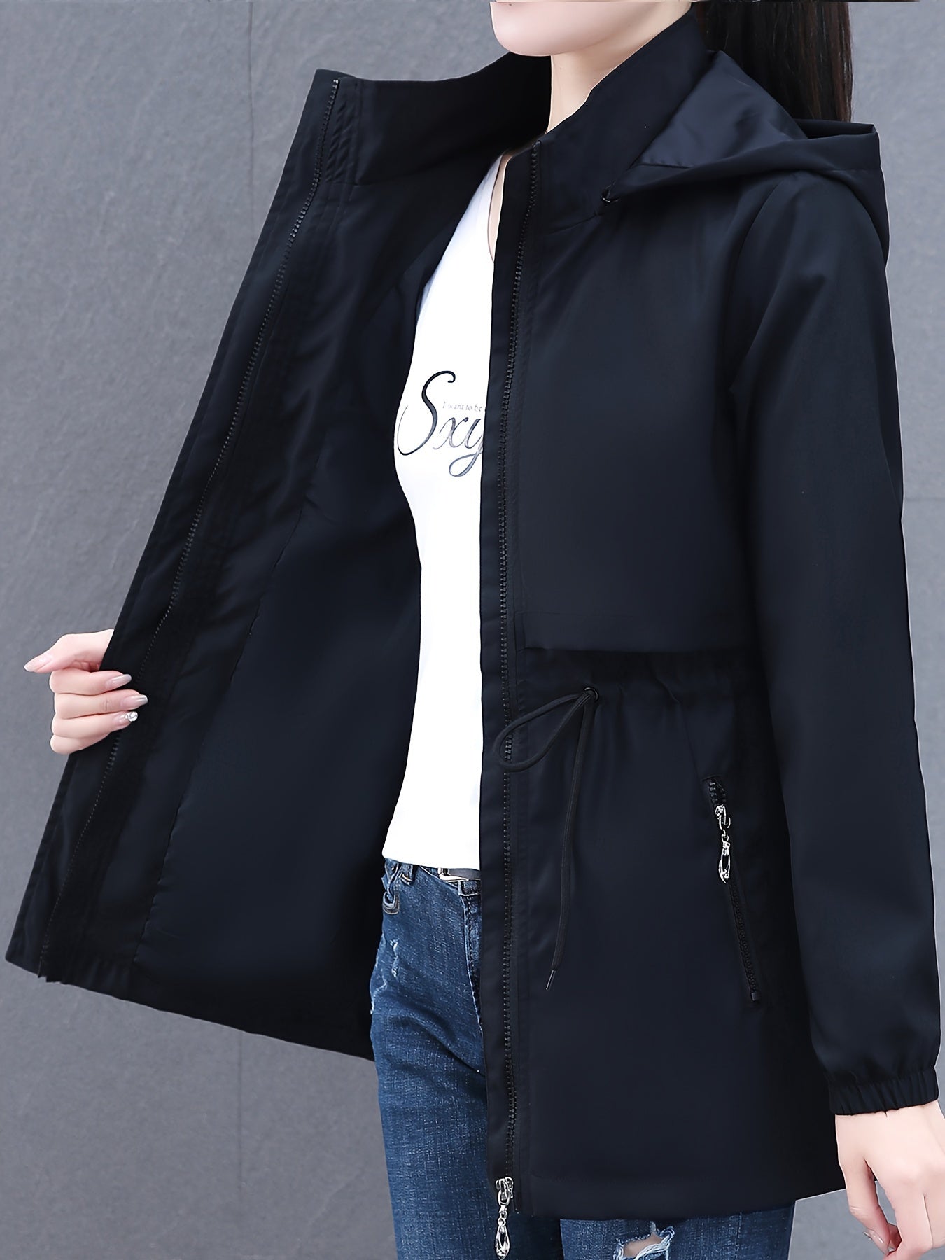 Chaqueta casual ligera con capucha de poliéster de talla grande para mujer para primavera y otoño