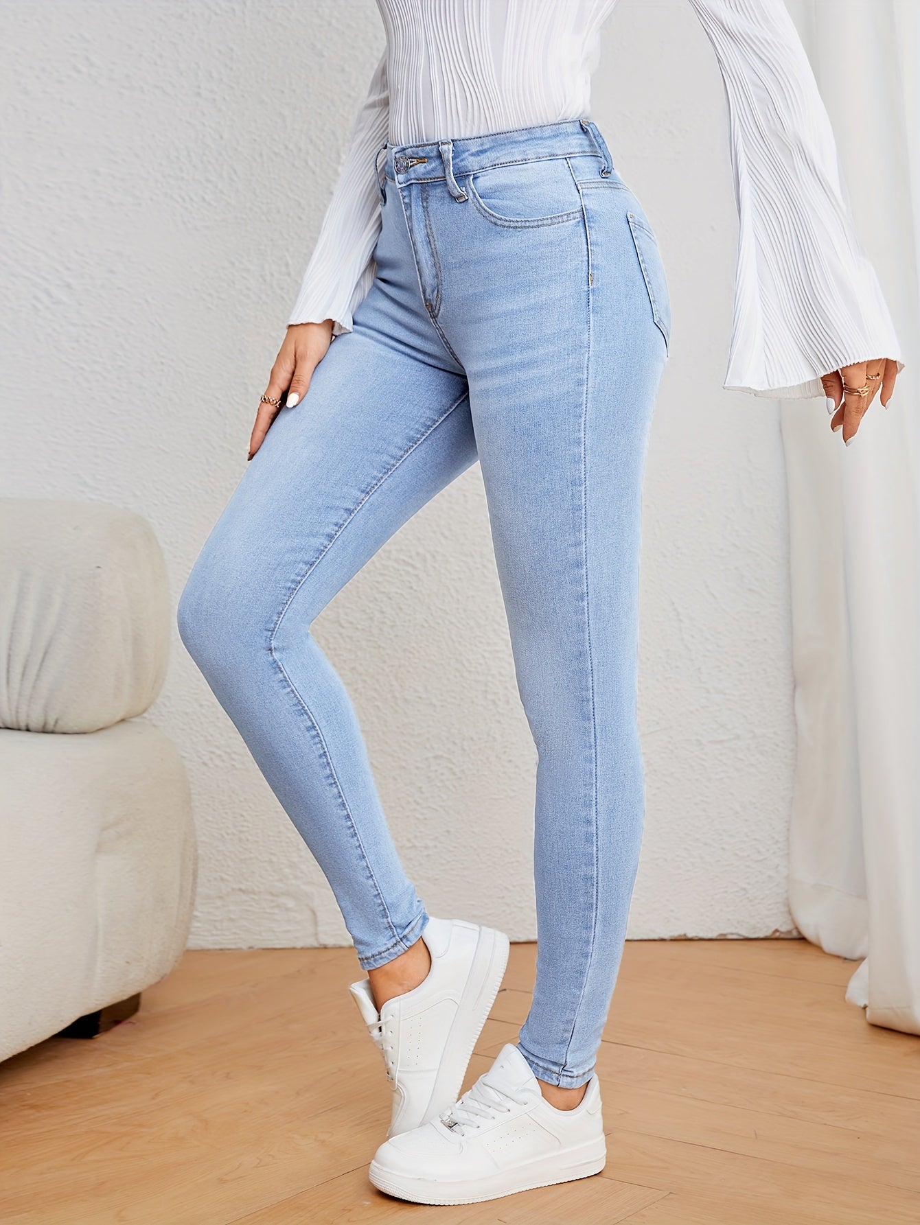 Women's Light Blue Skinny Jeans High Waist Slim Fit Denim for Fall Winter