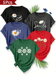 Plus Size Women's Floral Cotton T-Shirt Casual Daisy Print Short Sleeve