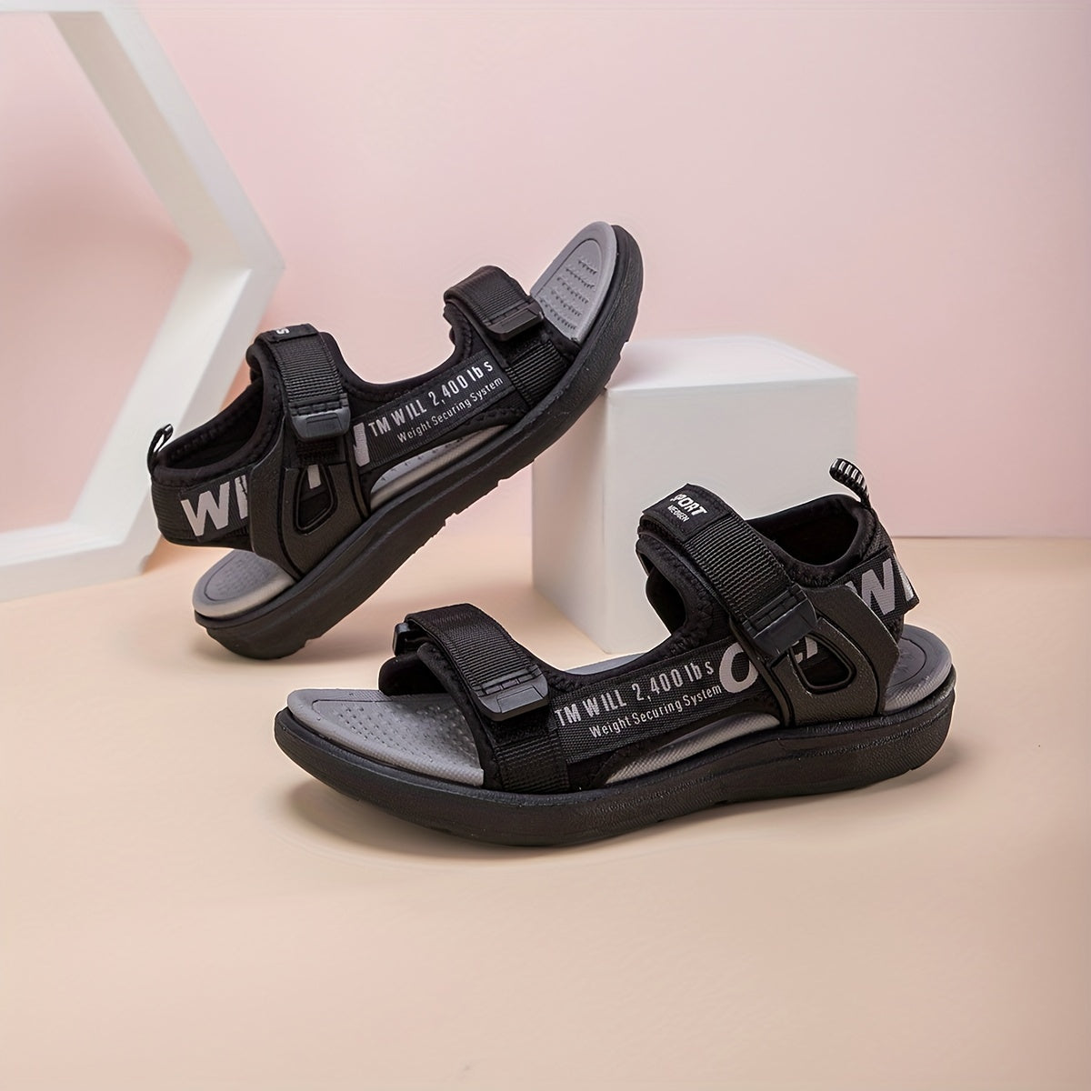 Boys' Black and Gray Breathable Non-Slip Outdoor Sandals with Hook and Loop Closure
