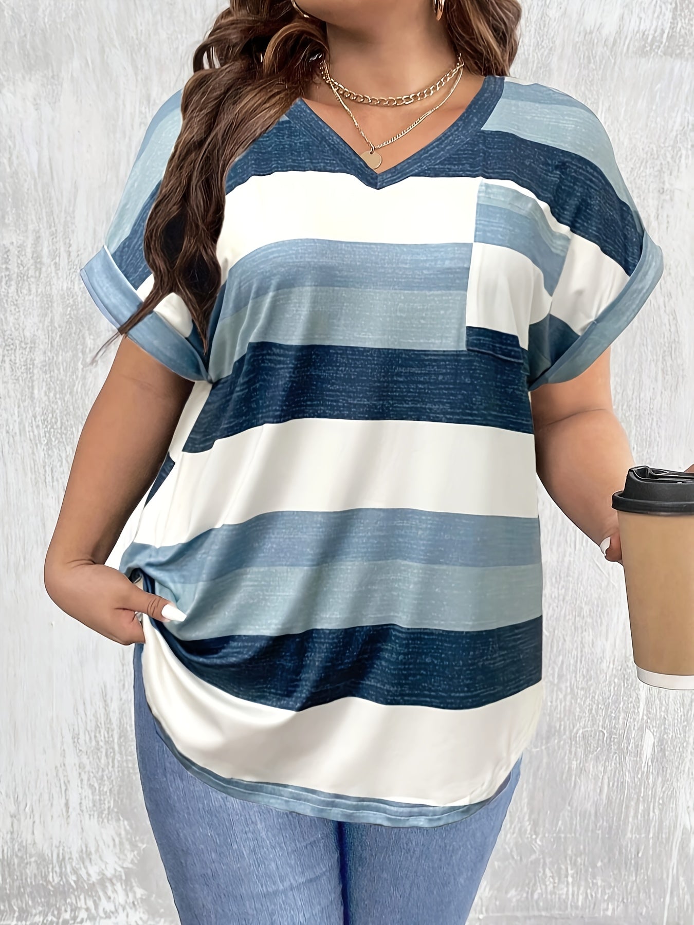 Plus Size Women's Striped V-Neck T-Shirt Casual Short Sleeve Top Light Blue White