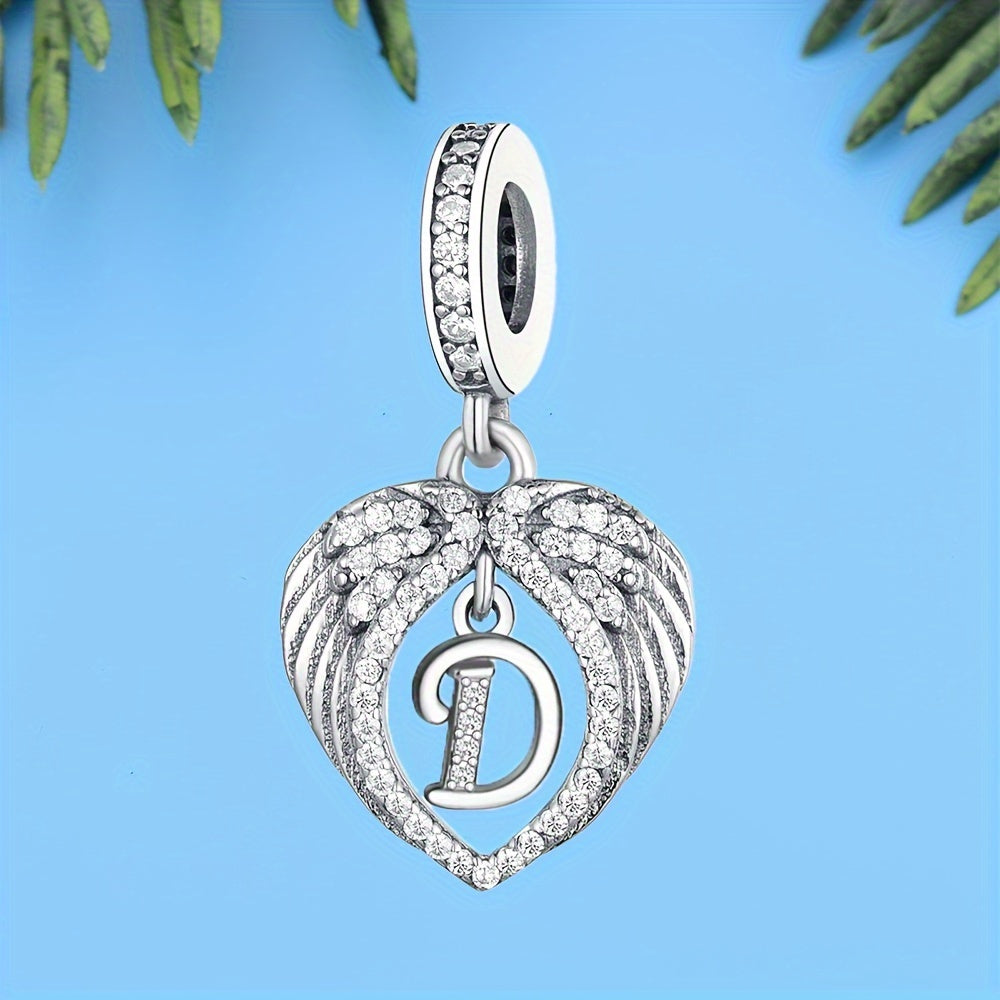 Sterling Silver Heart-Shaped Wing Pendant with Zircon Letter for DIY Jewelry