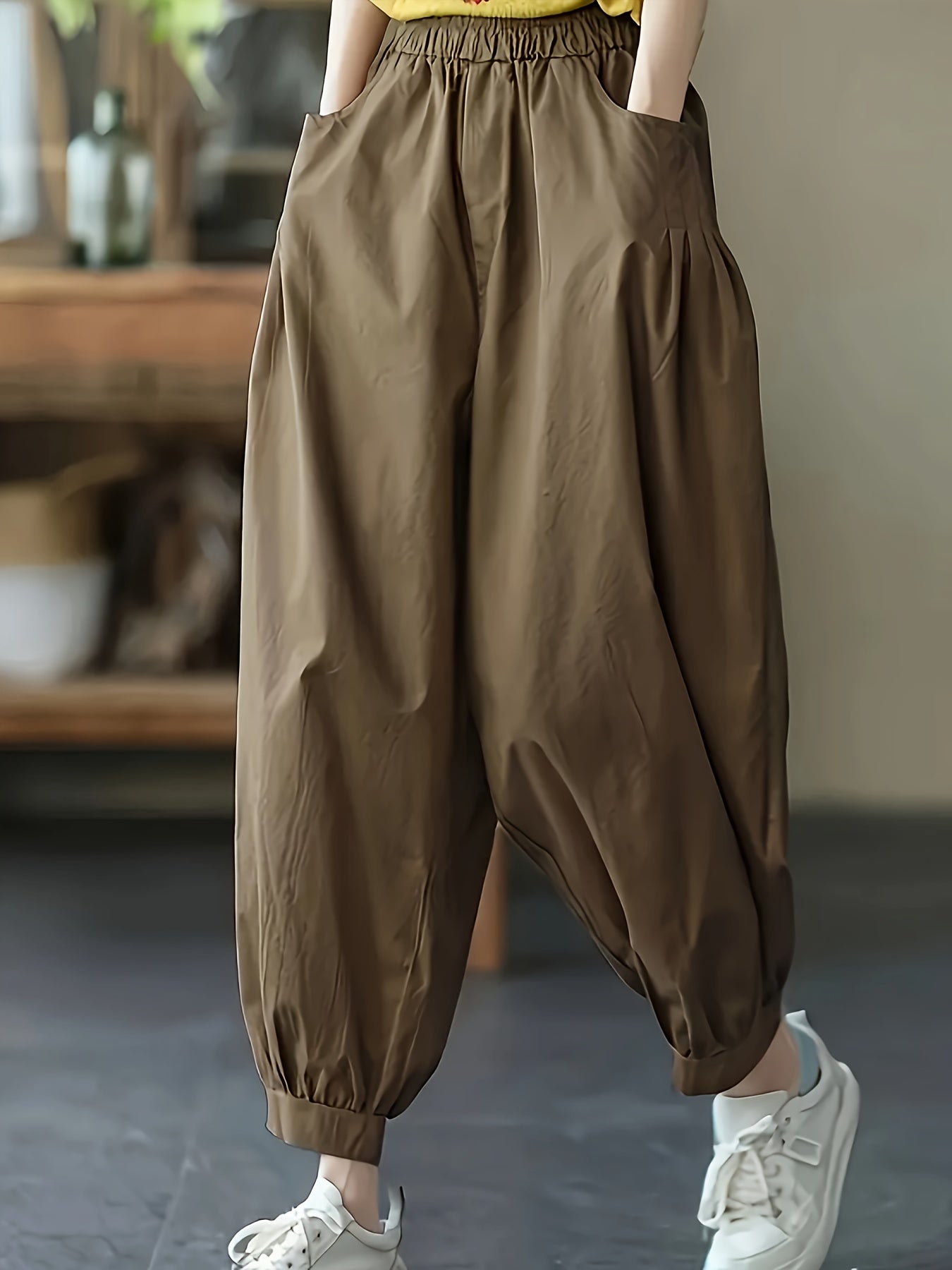 Women's Wide Leg Pants Brown High-Waist Casual Trousers with Pockets