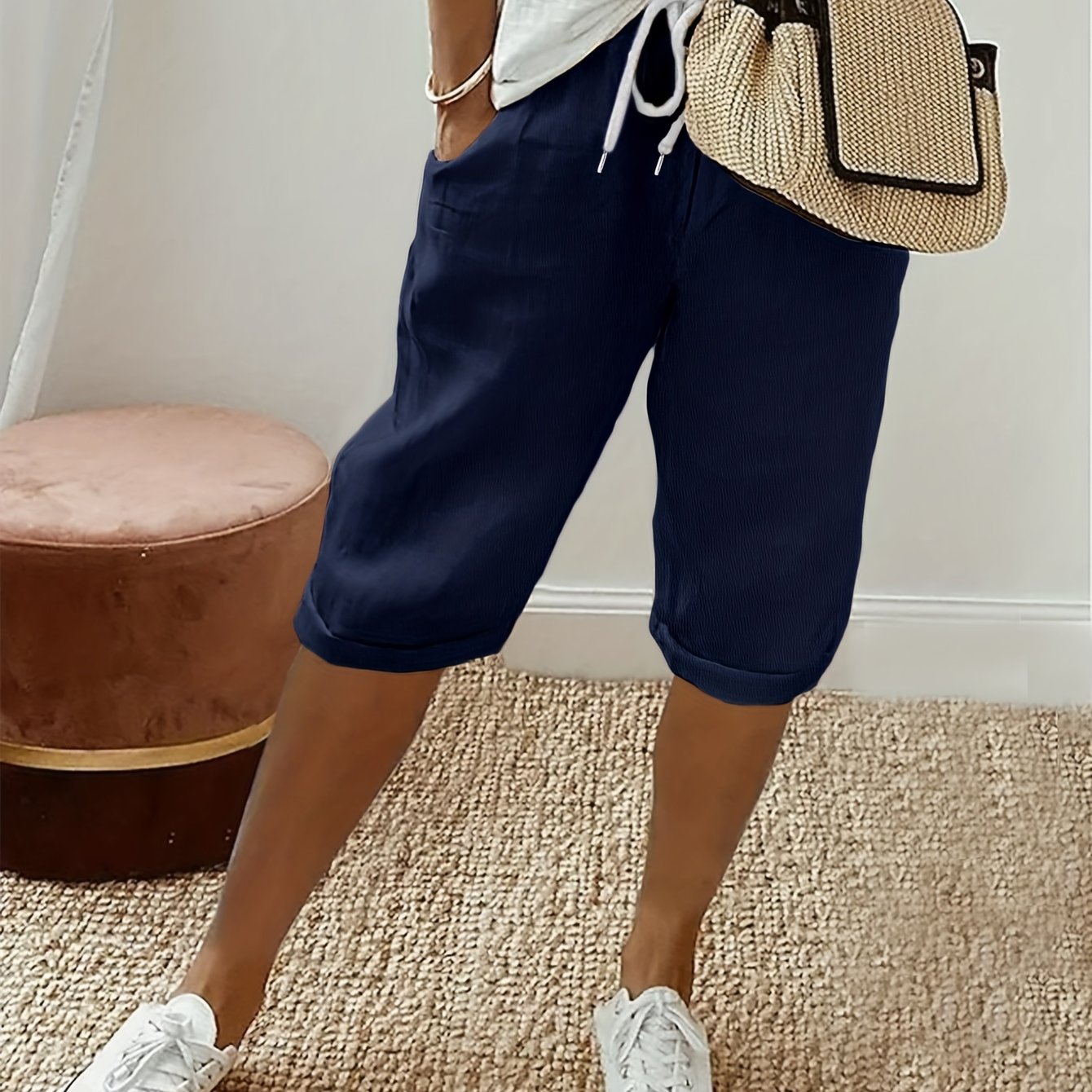 Plus Size Women’s Solid Drawstring Deck Pants Casual Elastic Waist Summer