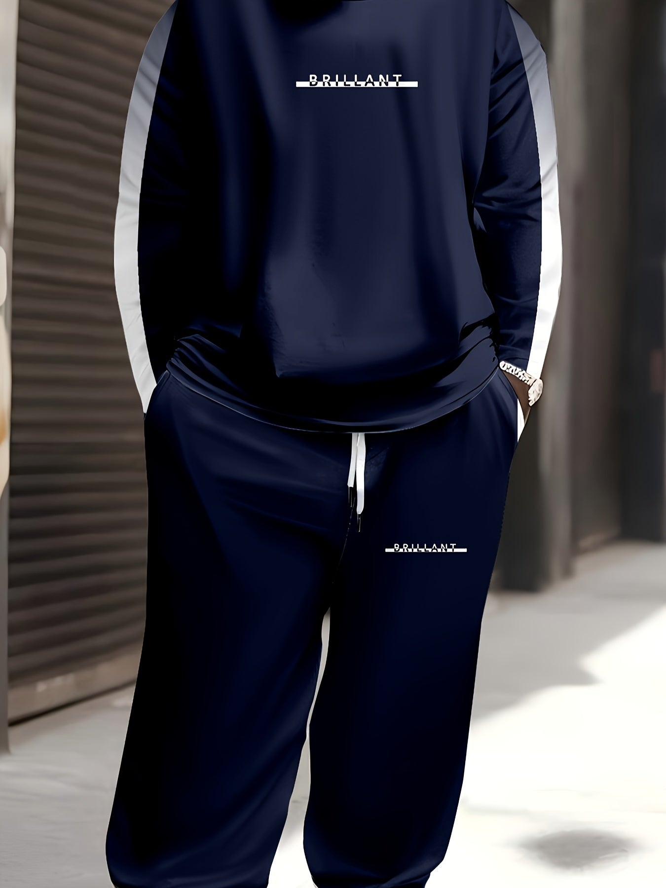 Plus Size Men's Casual Suit Long Sleeve Top and Pants Polyester Knit