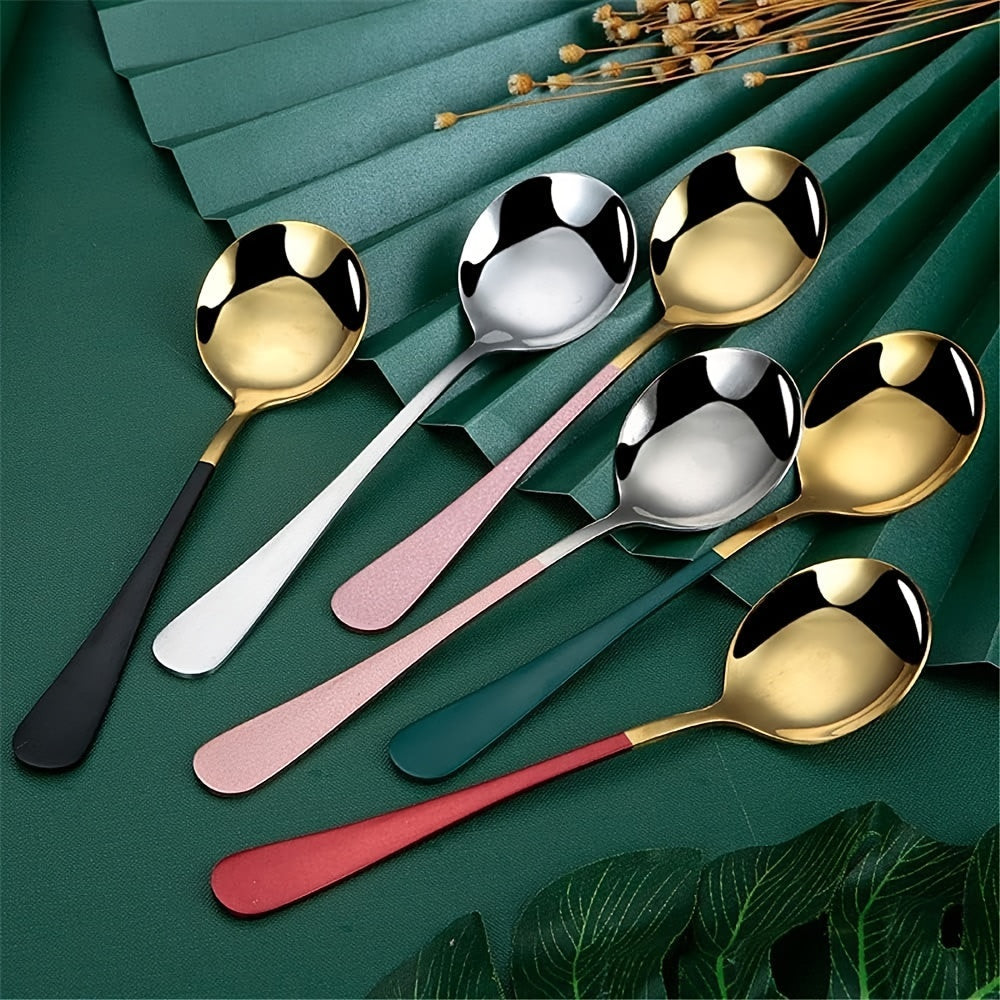 Set of 6 Long-Handled Stainless Steel Spoons for Coffee and Desserts in Multiple Colors