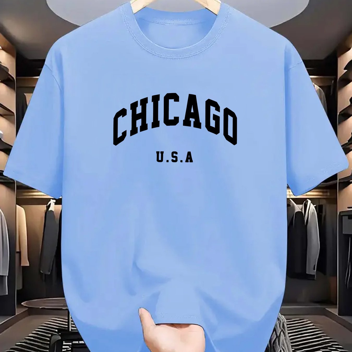 "Chikago, AQSh" printli erkaklar futbolkasi 100% polyester to'qima matodan tayyorlangan. U ozgina cho'ziladigan, oddiy mos keladigan va geometrik naqshli tasodifiy crew neck futbolka. Qulay, elastik va ideal.