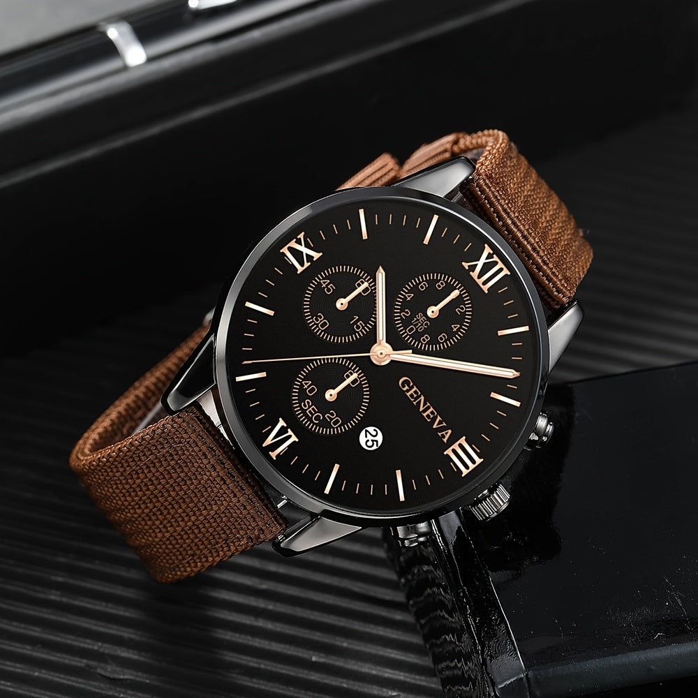 Men's Watch Set Black Nylon Strap Casual Industrial Style Round Dial Quartz Watch with 3 Bracelets