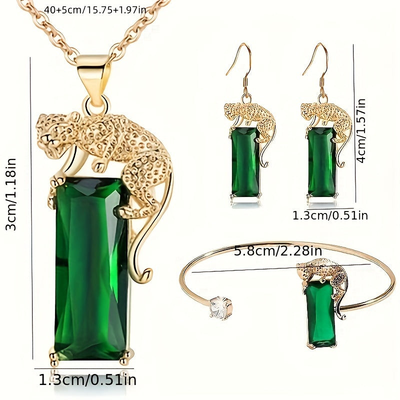 Green Zirconia Inlaid Rectangle Leopard Design Copper Jewelry Set with Earrings Necklace and Bracelet