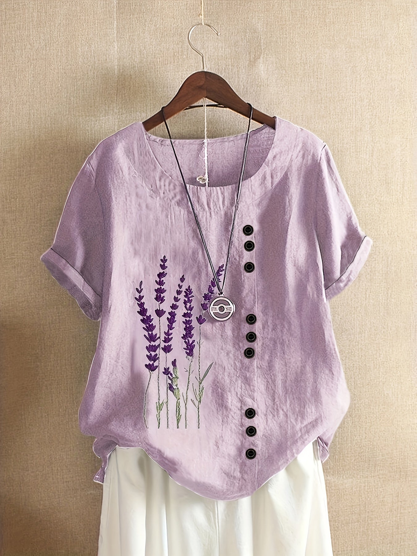 Women's Plus Size Floral Print Short Sleeve Woven Shirt Crew Neck Slit Hem