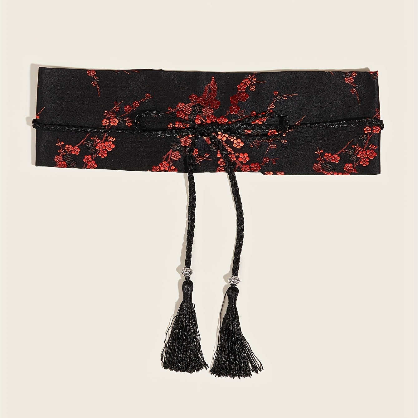 Traditional Tassel Belt with Embroidered Floral Designs and Red Waist Seal for Classic Dresses