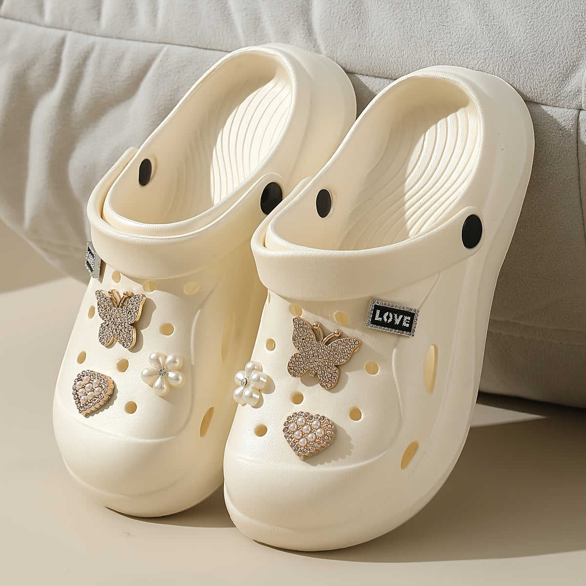 Women's EVA Clogs with Rhinestone Butterfly and Heart Charms, Summer Beach Sandals, White